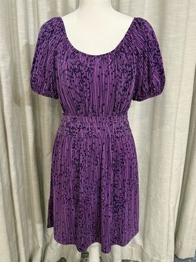 BCBGeneration Purple Patterned Puff Sleeve Mini Dress